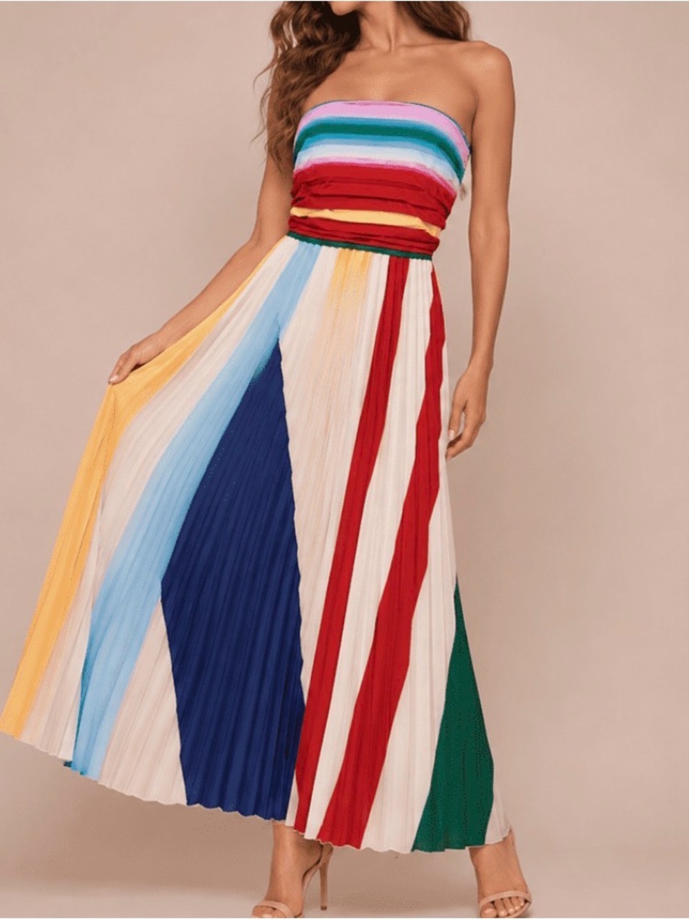 Strapless Maxi Dress, multicolored, pleated, size small, tube top style bodice.